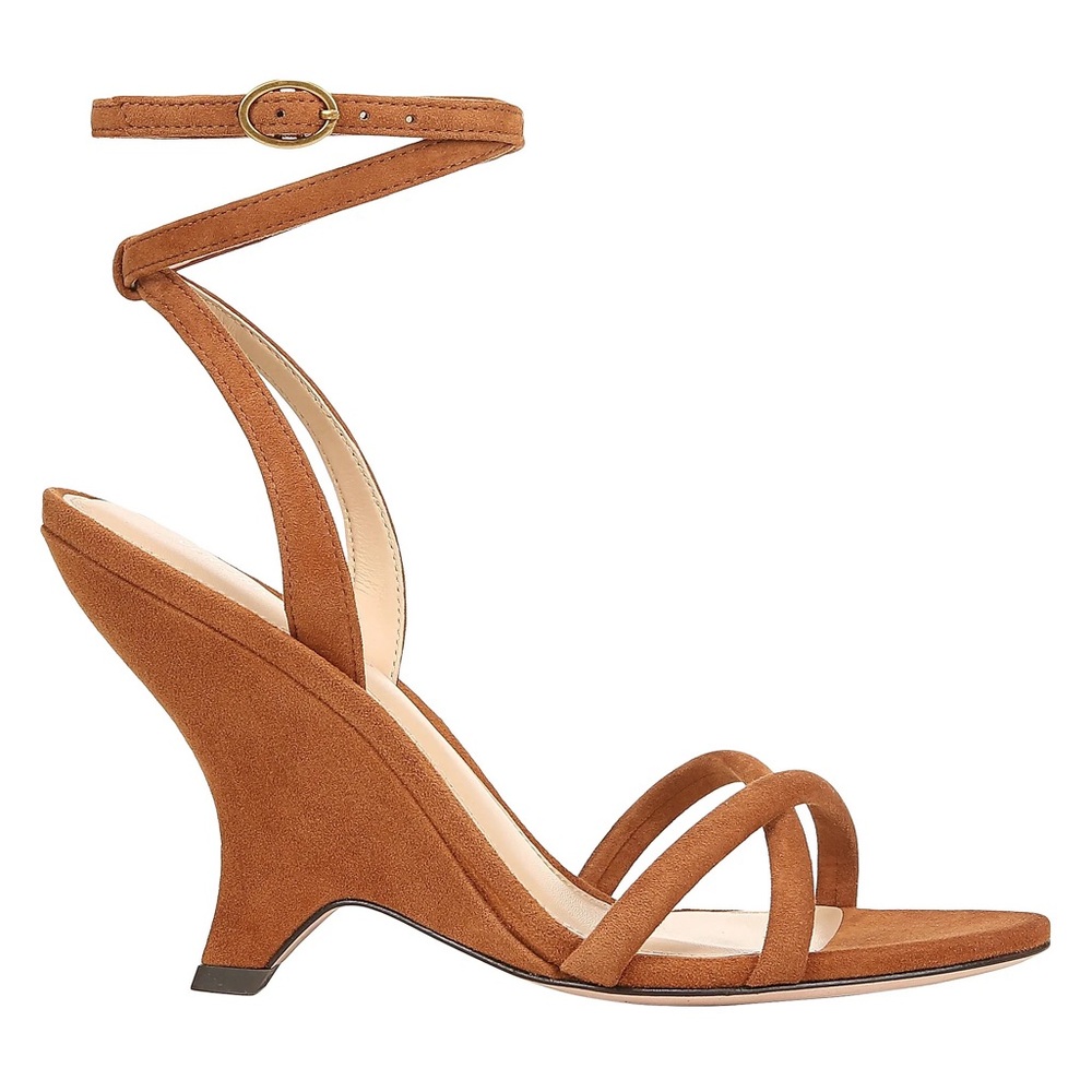 Veronica Beard Manuela 95MM Suede Ankle-Strap Wedge Sandals Caramel Brown 5.5 - Picture 3 of 11